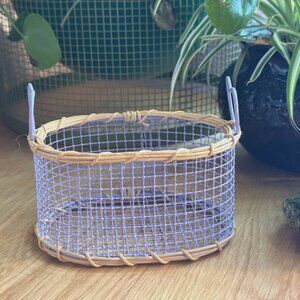 Wire Mesh Basket with Wire Purple Heart Handles, Rattan Accents, Lilac Purple